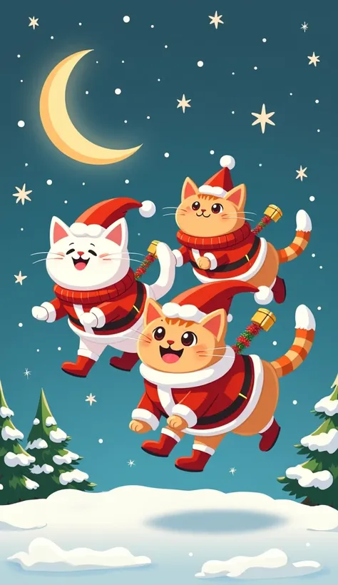 cats, Christmas, santa claus, in the sky, wallpaper for phone theme, cartoon style