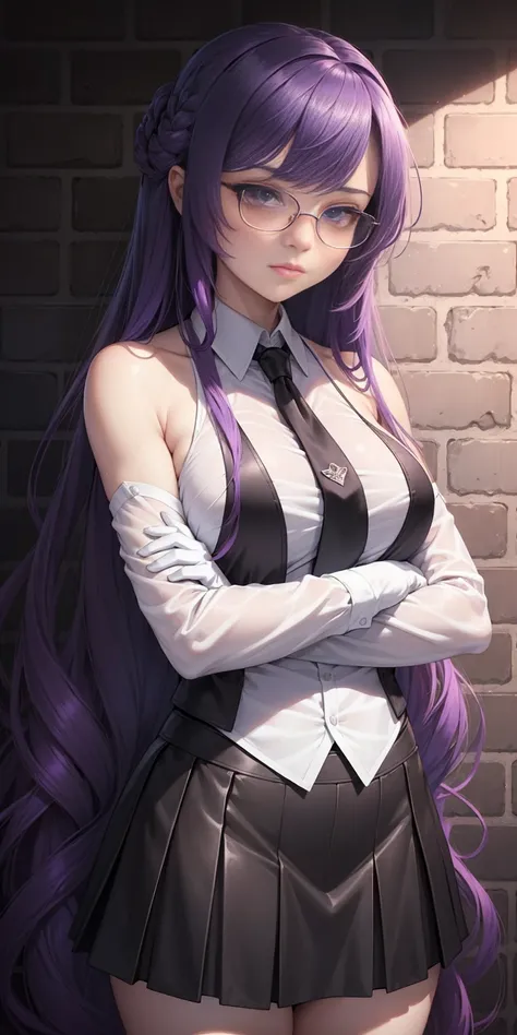 highest quality, masterpiece, high resolution,only {Black business suit:1.40} {tie:1.20} {sunglasses:1.25} {White gloves:1.15} { White shirt:1.10} {Black Skirt:1.15} good looking {Medusa_FGO:1.15} length_hair, purple_hair, very_length_hair, purple_eye, che...