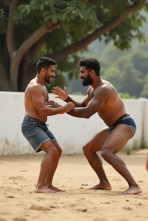 Strong Brazilian Cafuzo Professor, muscular, bearded and hairy, de cueca brief, teaching a boy to fight ,  on a sandy terrain with white walls and a large tree in the background.  Boys out there watching.