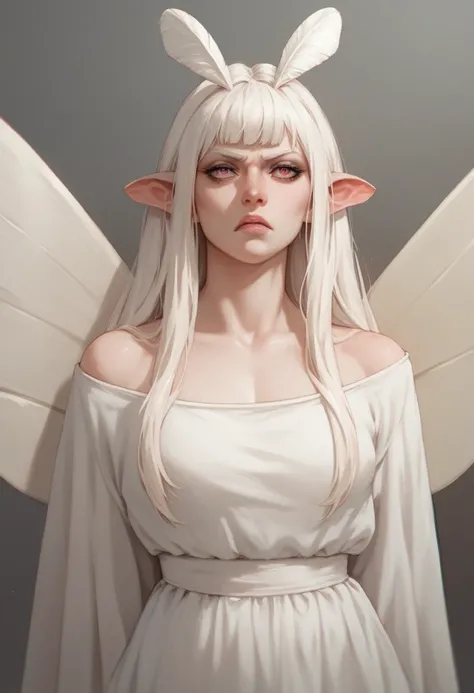 the girl is a white moth, albino, blind, with long hair, in white clothes, with wings of a moth behind her back and ears of a moth on her head, lonely, frightening, intimidating