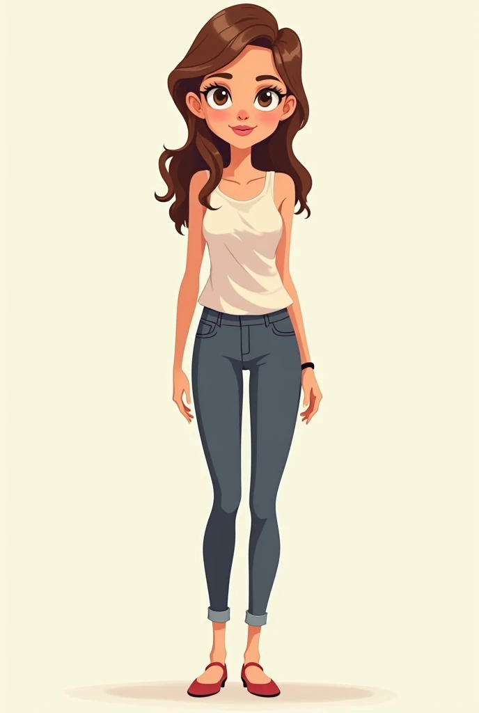 skinny beautiful woman, 2d, cartoon, full clothes, brown hair