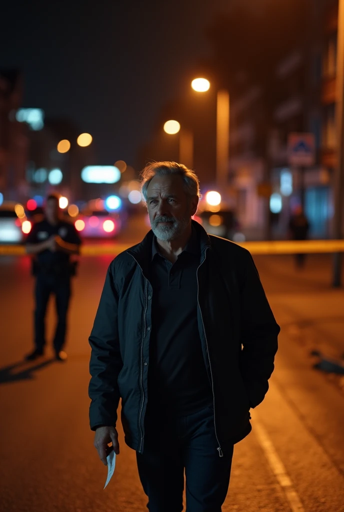  thoughtful adult man walking away from a crime scene at night, police cars and cops examining the scene behind the .  One of the cops is holding a small piece of paper and is reading it . The camera is half sideways and there are light orange tones in the...