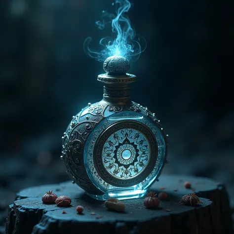 "A close-up of the enchanted perfume bottle, beautifully decorated, with a faint magical aura emanating from it, symbolizing the dark magic infused within."