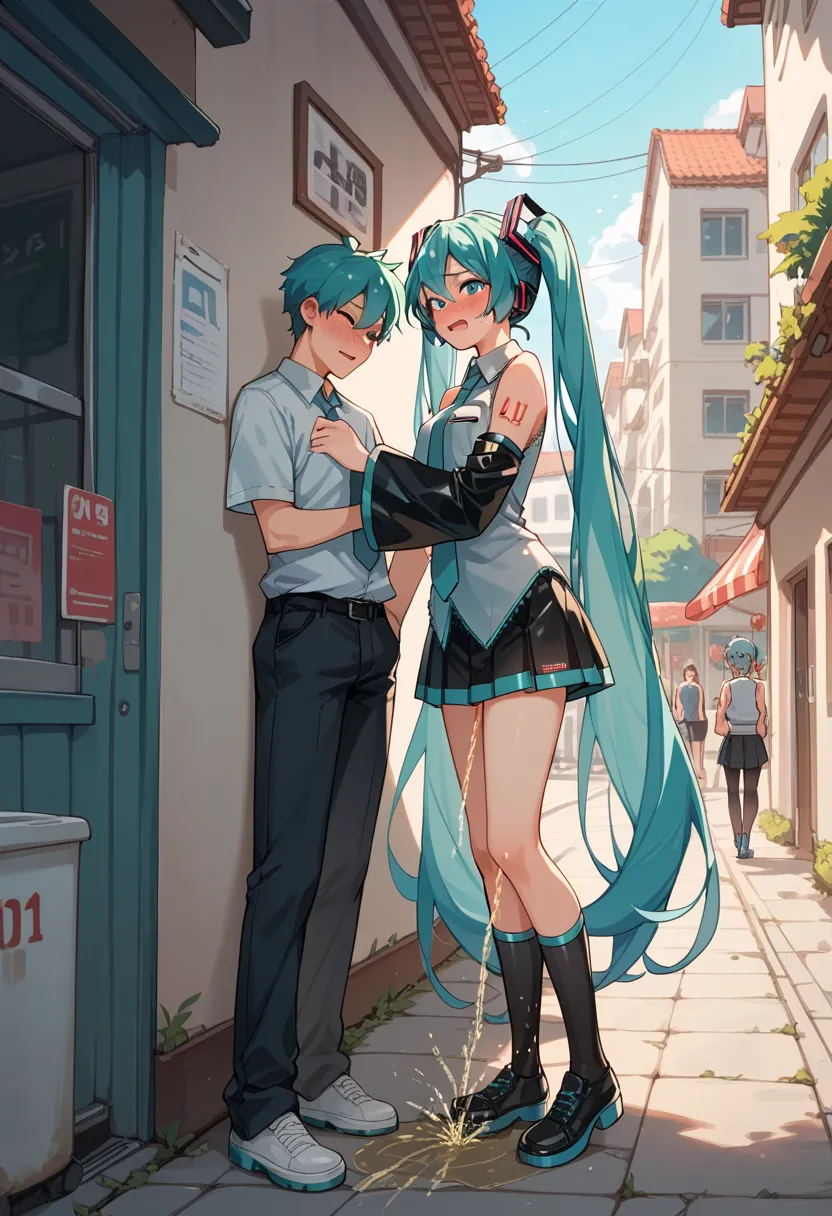 score_9, score_8_up, score_7_up, score_6_up, score_5_up, score_4_up, anime_source, hatsune miku, pee, peeing, embarrassed