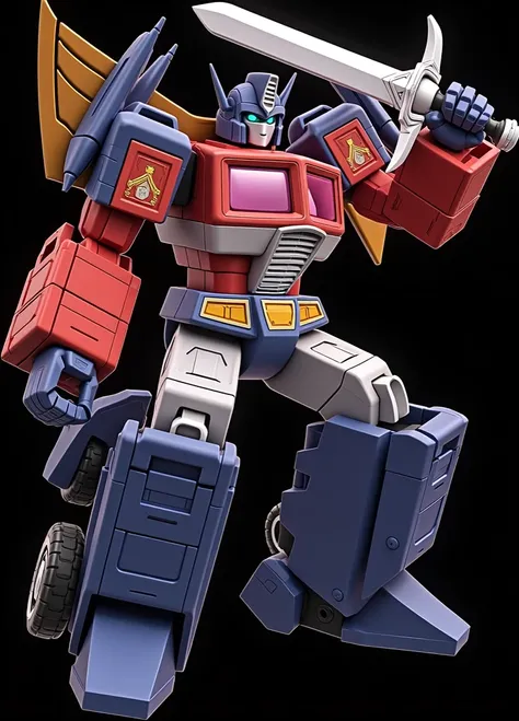 a close up of a toy robot with a sword in his hand, transformers armada!!!!!, transformers g1, transformers armada, from transformers, optimus prime, cybertron, transformers toy, cybertronian, masterpiece details, transformers generation one, transformers ...