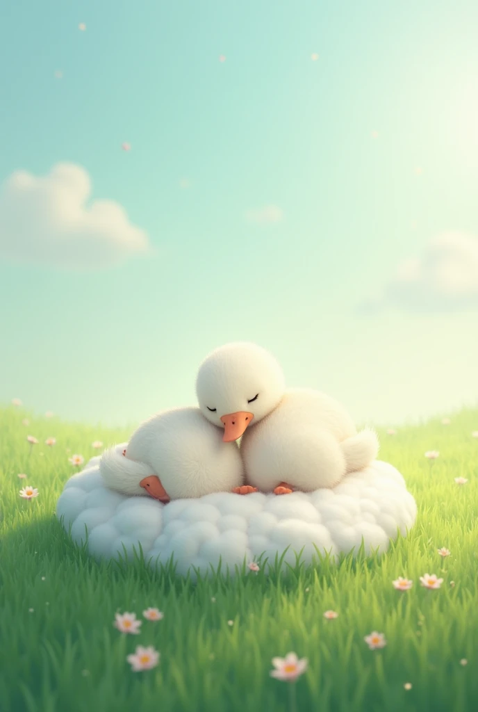 Little swans sleeping on a small cloud on the grass 