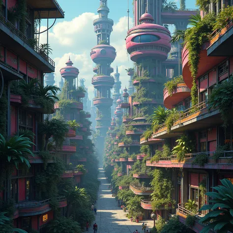 A colorful dystopian city with aspects of solarpunk and scrapunk mixed in it, best quality, high-res, colorful yet dark, huge overgrown plants, varied architecture, massive plants that shade the city in darkness, beautiful,