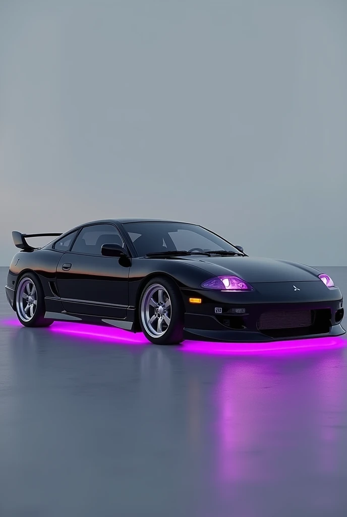 1997 Mitsubishi Eclipse JDM,  black with silver rims and purple lights on the bottom 