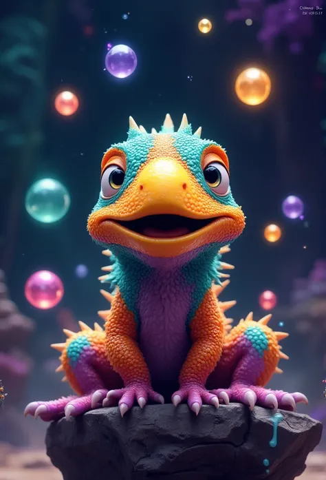 Colorful, stylized lizard creature, perched on a rocky outcrop, mid-frame, facing forward, detailed spiky texture, bright orange, teal, and purple scales, large, expressive eyes, spiky details,  (detailed textures:1.3),  yellow beak-like snout,  surrounded...