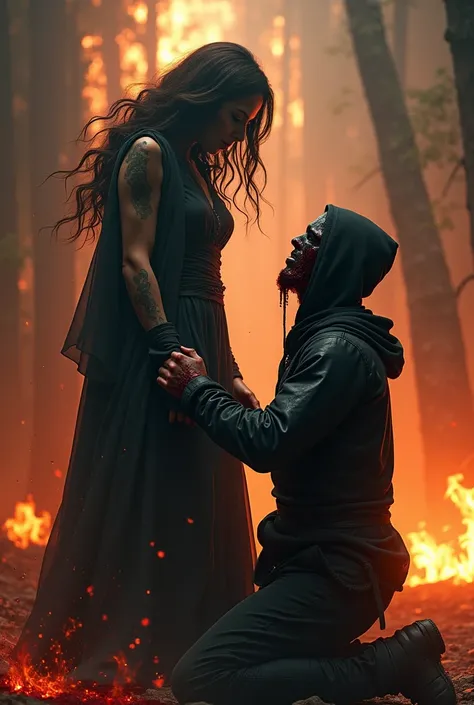 Hight quality, realistic, very beautiful woman, woman, male neck bloody splashed, mal e ninja full face mask, male hoodie, male die, woman very thick hair, ninja very bloody in neck, woman cut neck ninja by knife, ninja worship to woman, in hell fire