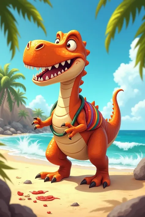 A male dinosaur who really likes food with a tube around his waist when he goes out to play at the beach in an animated picture