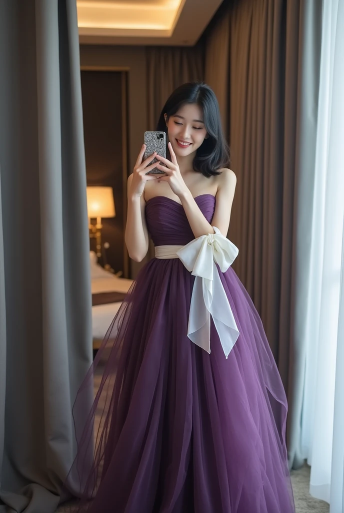 "Create an image of a beautiful Korean woman standing elegantly in a modern indoor setting, surrounded by soft gray curtains and subtle lighting that highlights the luxurious atmosphere. She is wearing a captivating gown in a rich, deep purple hue with a s...