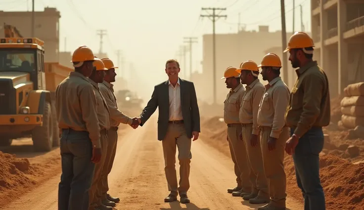 
dusty road, greeting workers at a construction site, showing grassroots connection.