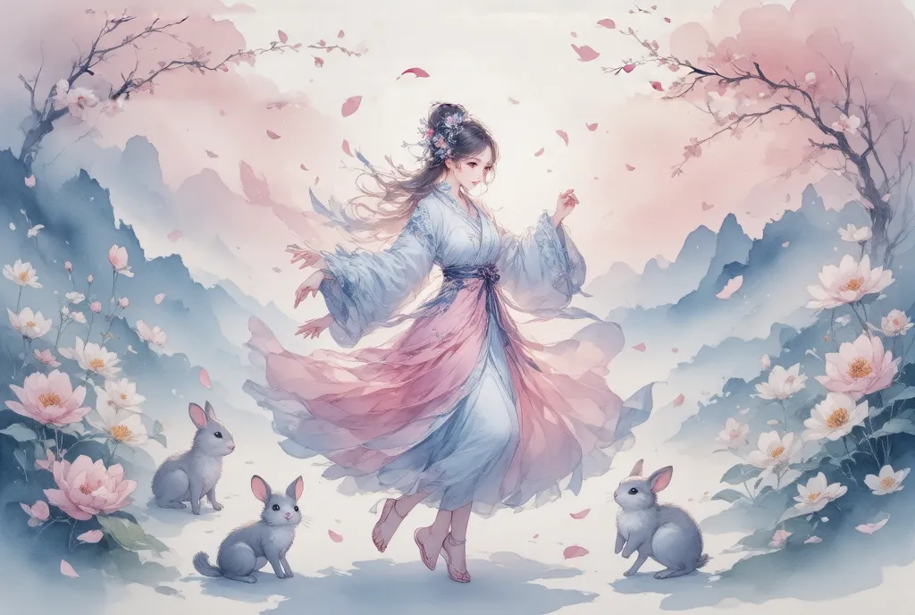 score_9, score_8, score_7, watercolor,  beautiful taoyuan township , the goddess, feather coat,  pink light silk , dancing in ta...