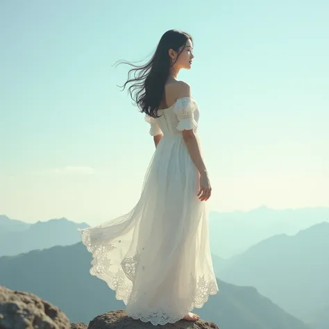  Portrait of an Asian girl standing on top of a mountain, wearing a white maxi dress with flecks and delicate lace details, her hair and dress move gently in the breeze with the open sky in the background creating a dreamy atmosphere. (8k Best Quality RAW ...