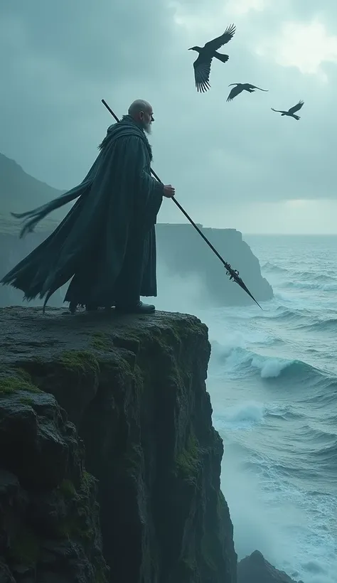 /imagine prompt: Odin, the Allfather, standing on a cliff overlooking a stormy sea. His cloak billows in the wind, and his ravens circle overhead. He holds his spear, Gungnir, and looks out at the horizon. Art style: cinematic, epic fantasy, Norse mytholog...