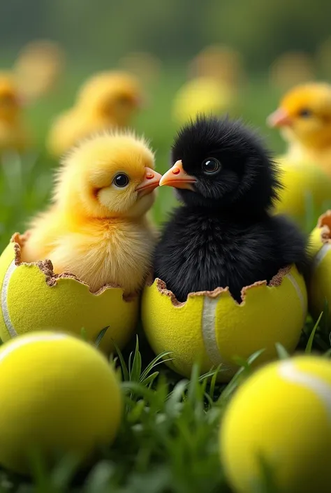 black and yellow theme chicks coming out of tennis balls

