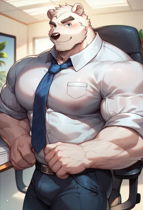 (Best quality),(materpiece), (Bara), (furry), ((Muscular polar bear in tight disheveled shirt and tie)), in the office, (sexy), handsome, ((portrait)), (huge muscular pec),(anime style),(veiny arm),(cute)