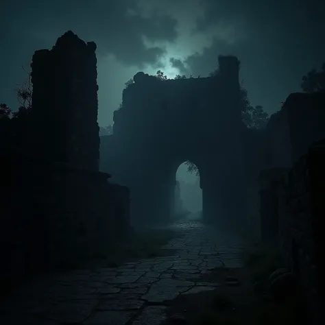 "A night view of the Bhangarh Fort, shrouded in darkness with faint, mysterious lights flickering through the ruins, creating an unsettling and haunted atmosphere."