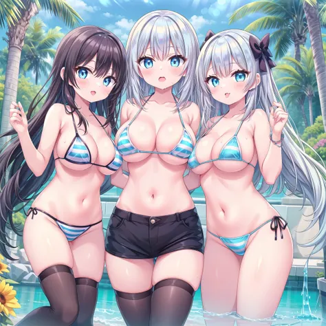   best quality , amazing,finely, Very Detailed CG Unity 8K Wallpaper , ( 3 girls,  cute eyes from the right, Light Blue Striped Micro Bikini ), (Sparkling Eyes), (Big Breasts), ( open her mouth :1.1), ( long tongue:1.1), (Dripping from the mouth:1.1), ( Bl...