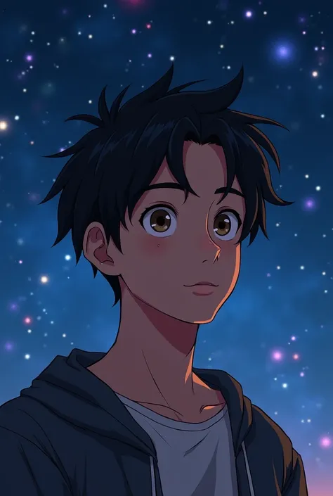 A 23 year old man, He mostly looks disheveled, and/or basic, he has dark short hair, fair skin and hazel eyes, also has a light stub. In an animation style, but still realistic like a drawing , and night sky.