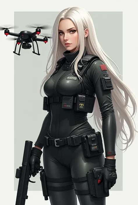  Female character with long white blonde hair , tactical police clothing with tracker drone,  full body .