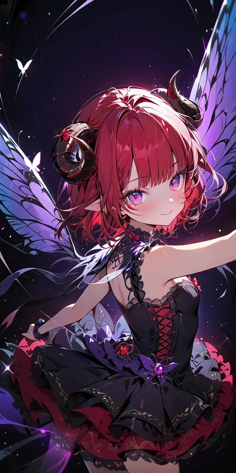 1girl, short red bob hair, blunt bangs, purple eyes, sheep horns, butterfly wings, mischievous smile, petite frame, gothic-style mini dress, frills swaying, black background, contrapposto, challenging gaze, soft focus, lens flare, masterpiece, best quality...