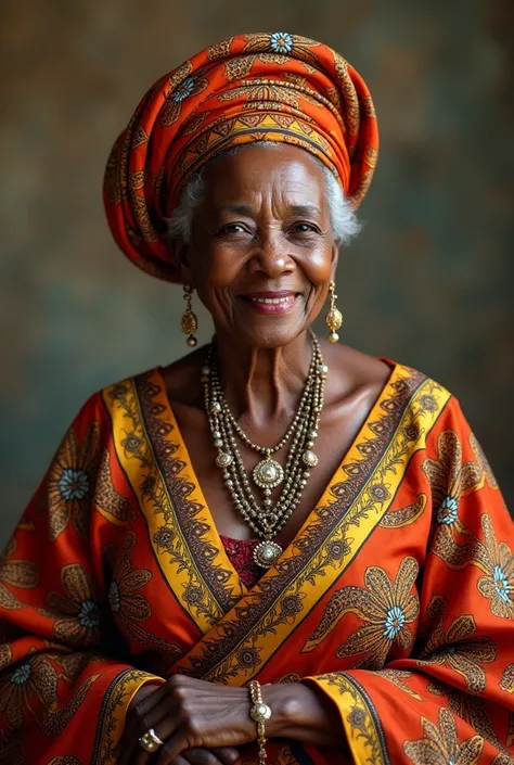 Very beautiful African grandmother aged 60 who is wearing an African outfit