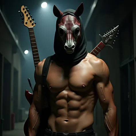 Man wearing shirtless jockey mask, with an electric guitar on his back and a knife in his hand