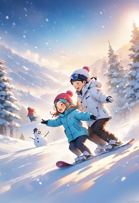 Lovers enjoying snowboarding、 its snowing 、 snowman