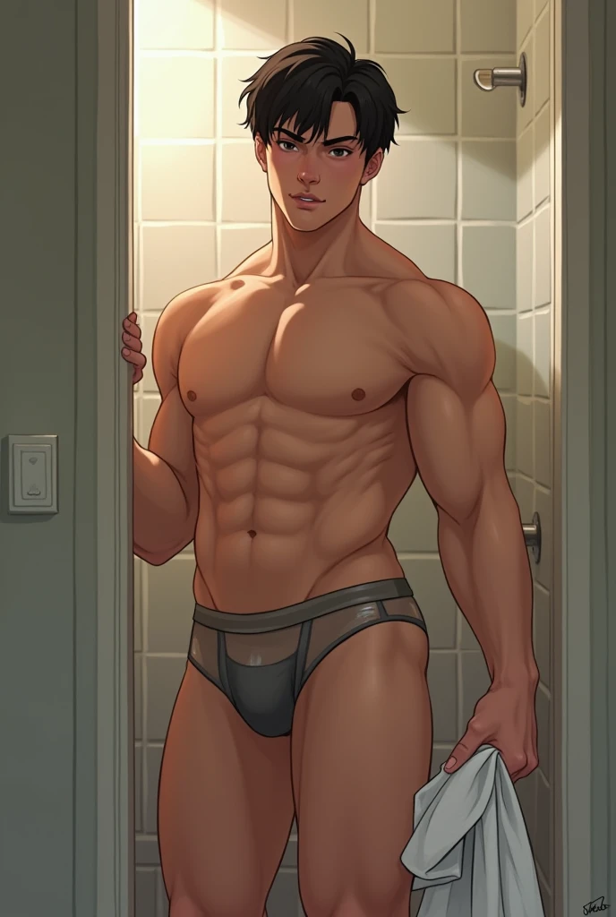 Fat guys ，Strong arms and thighs，Short-sized brunette ，pectoralis major，Wear transparent swimming trunks， holding a bath towel in her hand，in the bathroom