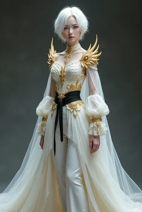 A princess with short white hair and white skin with purple eyes and a white dress whose upper part of the dress is embroidered in the shape of golden dragons and that a small black belt simulates a black dragon wrapped around the princesss waist, that the...