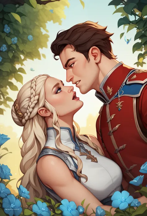 fantasy, red, black, blue and white tones, flowers, a man and a woman look at each other, a man looks like Christian Bale, in the royal uniform of the 19th century of the German Empire, a woman looks like Daenerys, short white hair, sleeveless turtleneck, ...