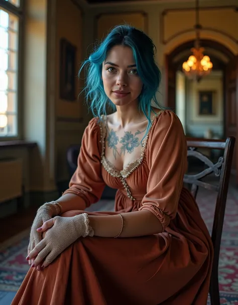 une belle femme se tient à lintérieur dun château , pieds nus, vue den bas avec effet fisheye, assise sur un trône, portant une longue tenue de nonne en velours, yeux charbonneux, cheveux bleu foncé, frange, gants, tatouage floral sur la jambe, expression ...