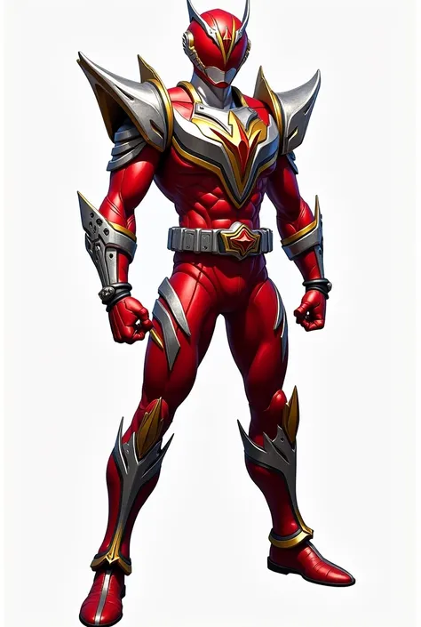 Realistic super Sentai ranger red suit silver gold black trim white trim cool design dynamic pose masterpiece High Resolution, Masterpiece, High Details, Super Detailed, 