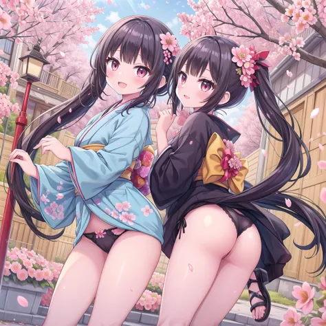  one woman、Beautiful girl、after school、 evening 、kimono、kimono、 ponytails bleeding from the vagina、Sandals、School、Schoolの裏手、spring、Cherry Tree々、 cherry blossom petals dance、 long hair、  best quality 、、 thick thighs 、 big butt、 black hair、smile、cherry color...