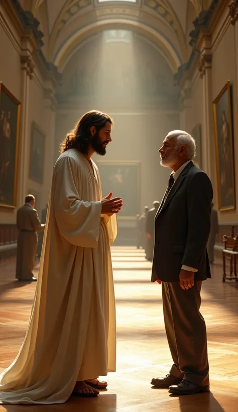 jesus in white happily looking at paintings with old homeless man in suit. In a large art museum