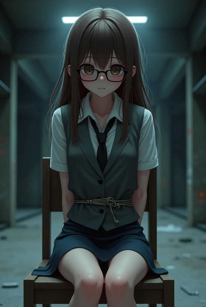 ai girl, bound, long hair, brown eyes, eye glasses, arms together behind back, best quality, ultra-detailed, high resolution, extremely detailed cg, unity 8k wallpaper, masterpiece, perfect skinny body, ai picture, femsub, white elbow sleeves with non-butt...