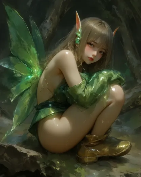 Side view of a young and beautiful fairy, sharp ears, sitting on the floor, hugging her knees and wearing a green clothing and golden shoe, Rembrandt lighting, oil painting, ink artistic conception, hyper-realistic, depth of field, charming, ((fine facial ...