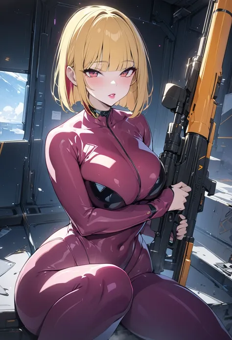 (masterpiece,  best quality :1.2,UHD,High Resolution,Detailed depiction)、 a spy girl 、 sexy lips、 slightly pale red lipstick 、Blonde Bob、blunt bangs、red streaked hair 、A sniper gun in her hand 、 holding a weapon 、 a rubber suit with a lot of exposure