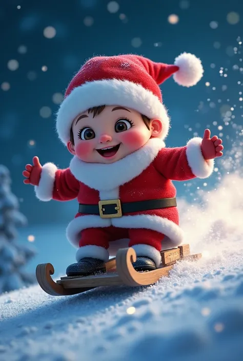 Santa Claus, a cute boy from the 3D Pixar style deformed character animation, is sledding through the illuminated sky on a snowy Christmas night