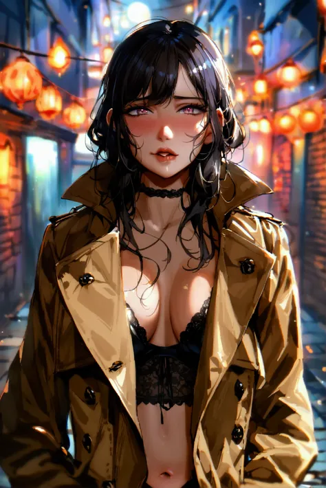 a dimly lit, dark alley at night time, a confident brunette in a brown trench posing slutishly, biting her lipwith a mischievous glint in her eye while holding her coat open exsposing her body,her black lingerie and pantyhose with a hole in the crotch area...