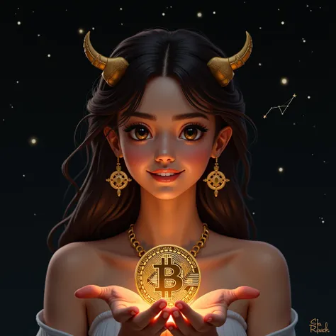  a beautiful Cancer girl，pretty， big eyes，Smile，pretty的耳环和项链，Ancient Greek style，The background is a black starry sky，There are Big Dippers， girl holds bitcoin in her hands