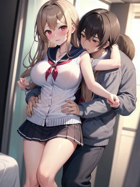       pussy    ,   Big Breasts,        school uniform,        sailor suit ,       high school girls  ,          cardigan      ,         cosplay, Big Breasts,               open her chest wide                , ,(           Miniskirt Length        :1.3),  (グ...