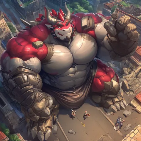 The as big as a building Exoskeleton Dragon in the small street，Exoskeleton Dragon(massive:3.0,Big Muscle:1.1(heavyweight,strong,macro,Emphasize huge size, Stepping on the ruins)),background((the collapse building,raising little spoke,the little sparks,the...