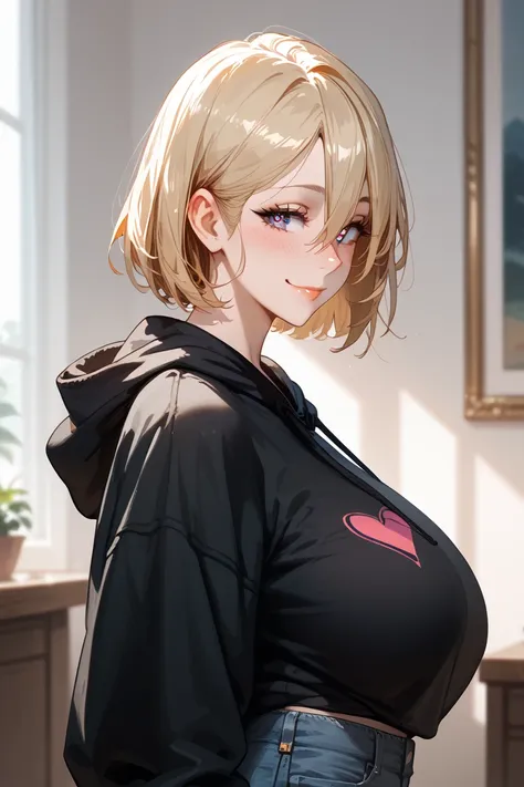 1girl, Solo, HD, Accurate, Short Hair, Blonde Hair, Hair Between Eyes, Large breasts, Blush, Seductive Smile, Heart In Eye, wearing black hoodie, jeans, From side