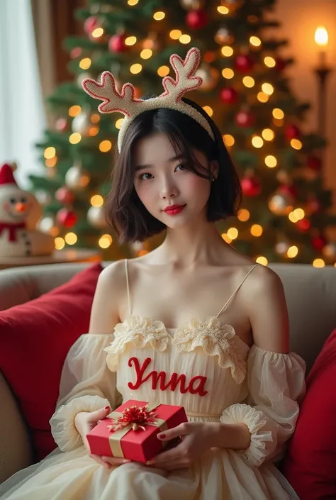 create a 18yrs old beautiful hot korean woman with short hair with a raindeer headband, with xmas aesthetic dress with name in the dress Ynna, holding a gift and sitting in the sofa with xmas three background