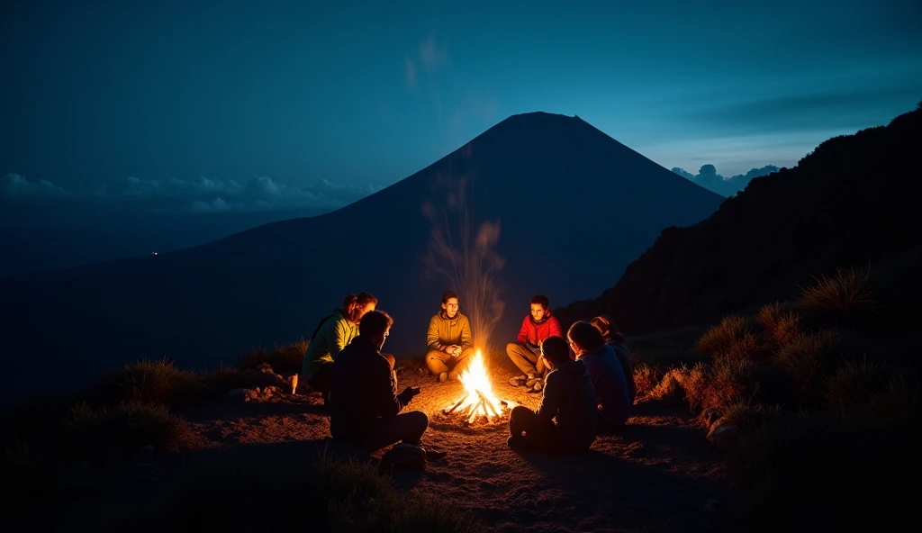 Real photo, a camping round in the dark night at Kalimati Semeru mount, indonesia.