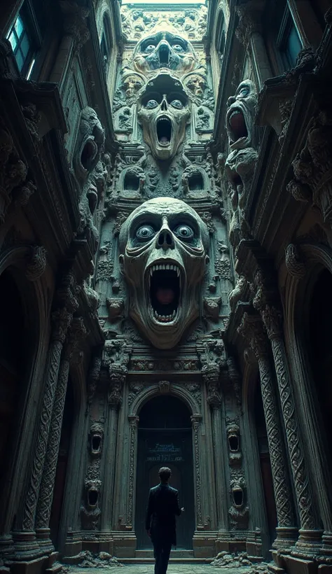 Intricate black and white architectural design, numerous screaming faces embedded in ornate building facade, faces in varying expressions of terror, positioned along the buildings walls, ascending in depth, creating a claustrophobic and unsettling atmosphe...