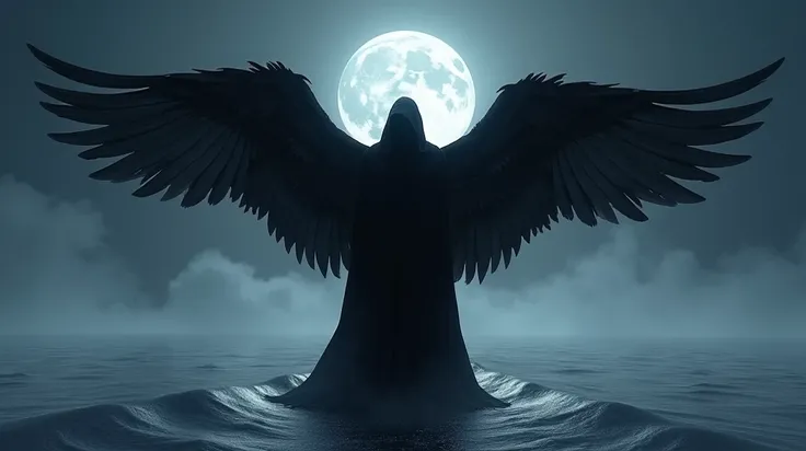 A fallen angel man with black wings and a black hood standing on the edge of the moonwaves in the night sky